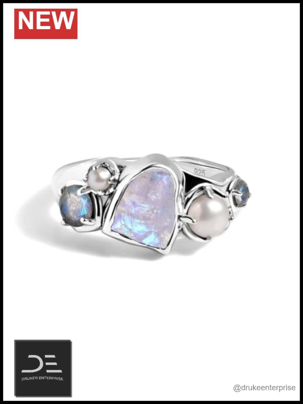 925 Sterling Silver Multi-Gemstone Statement Ring - Moonstone Labradorite Pearl